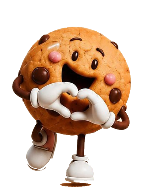 Cookieto, o mascote da Magic Cookie: um cookie sorridente fazendo coração com as mãos